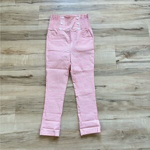 Unique Vintage Pink Gingham Super High-Waist Button Ankle Pants